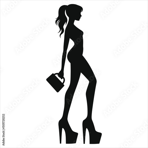 (Platform shoes wedge heels )Stylish Woman in High Heels with a Handbag Vector Silhouette on Vector Background