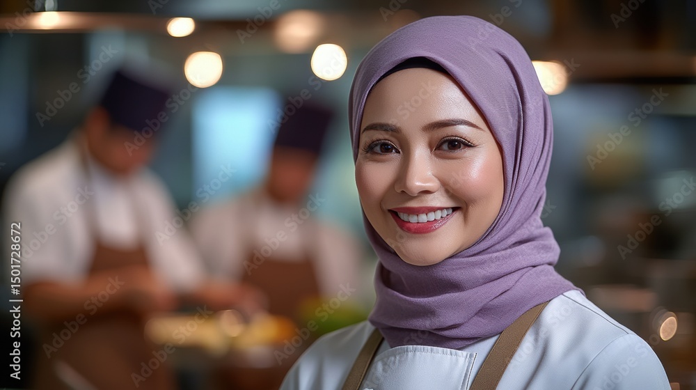 Chef smiling confidently in a bustling kitchen during a busy dinner service, showcasing culinary expertise and a welcoming atmosphere Chef smiling confidently in a bustling kitchen during a busy dinner service, showcasing culinary expertise and a welcoming atmosphere