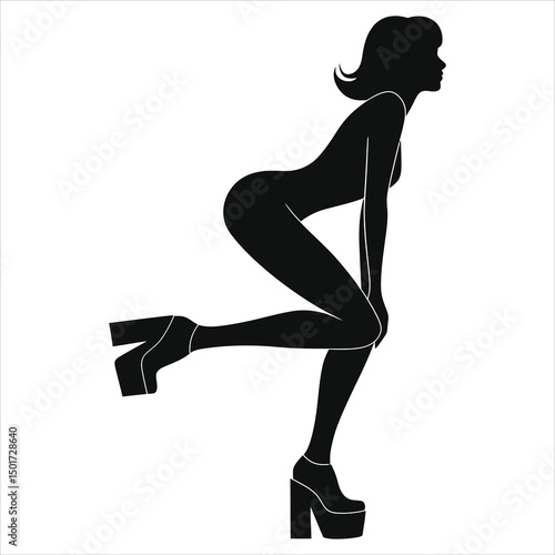 ( Platform shoes wedge heels)Vector Silhouette of a Woman in Platform Heels/A striking black silhouette of a woman poised in a dynamic pose, wearing high platform heels.