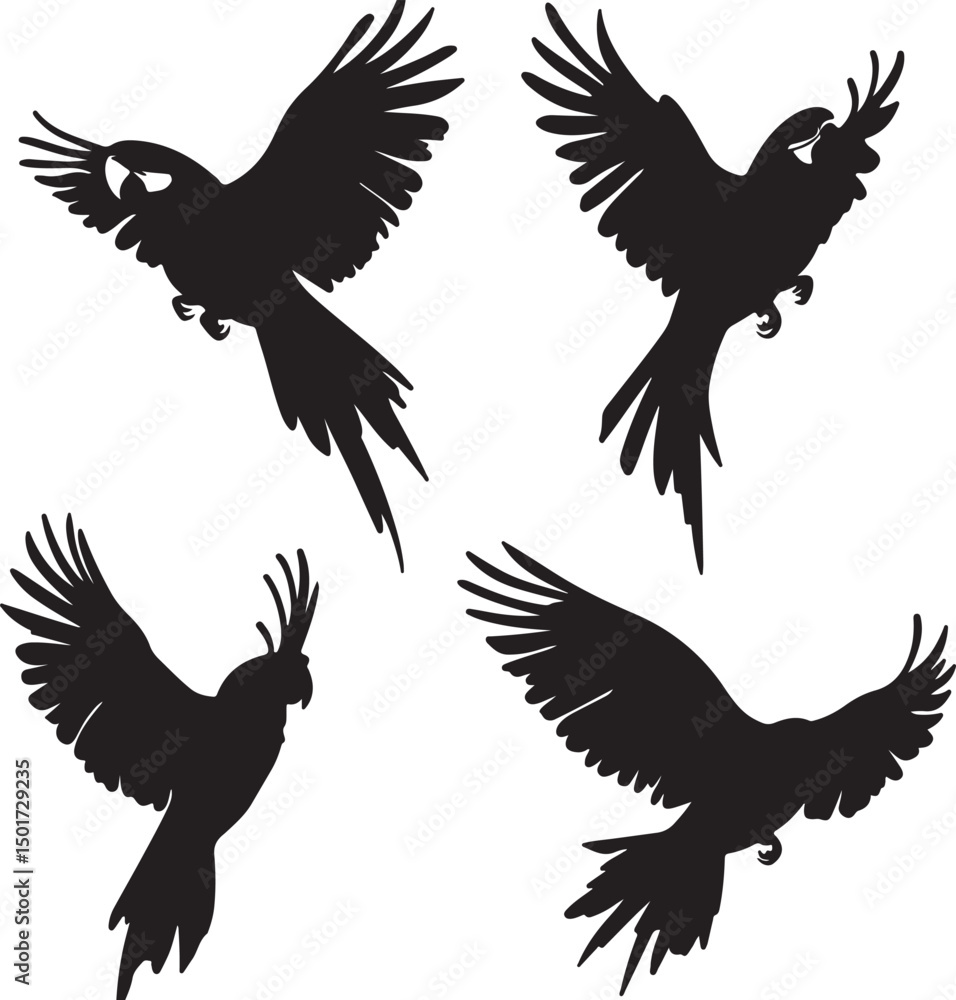 Obraz premium Flying Parrot Silhouettes Vector Art: Tropical Bird Illustrations for Graphic Design, Wildlife Projects, and Creative Designs