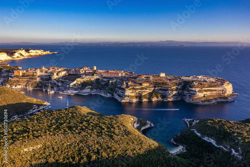 Aerial view of the beautiful Bouches de Bonifacio nature reserve with the citadel and port of Bonifacio, Corse-Du-Sud, France.