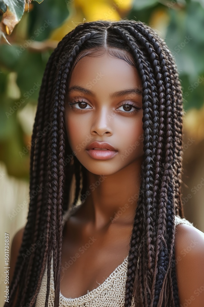 Portrait of a young girl with long braided hair in a natural setting during a sunny day in a lush garden Portrait of a young girl with long braided hair in a natural setting during a sunny day in a lush garden