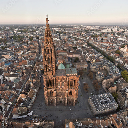 Aerial view of strasbourg cathedral amidst a beautiful cityscape with historic rooftops, bas-rhin, france.