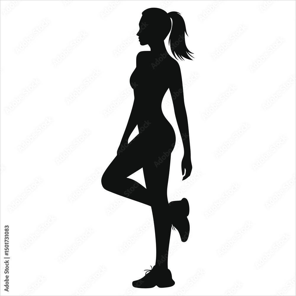 (Sneakers trainers)Side view vector silhouette of a woman in athletic attire./A bold, black silhouette of a woman in athletic wear, standing in profile view against a plain white background. (Sneakers trainers)Side view vector silhouette of a woman in athletic attire./A bold, black silhouette of a woman in athletic wear, standing in profile view against a plain white background.