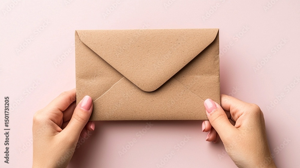 Hands Holding a Brown Kraft Envelope with a Sliding Card on a Pink Background Hands Holding a Brown Kraft Envelope with a Sliding Card on a Pink Background