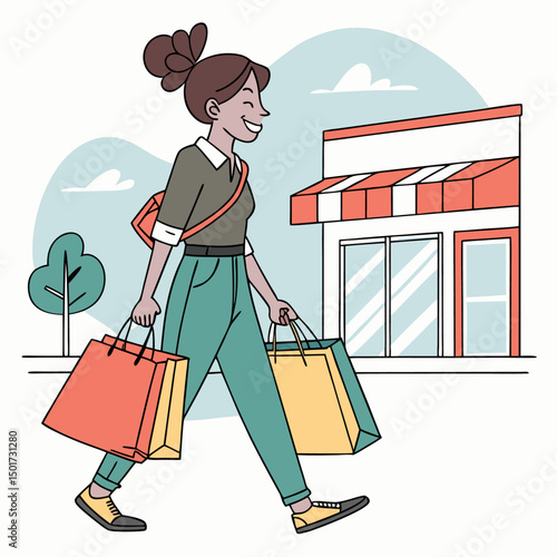 Shopping girl walking in the city with fashion bags illustration