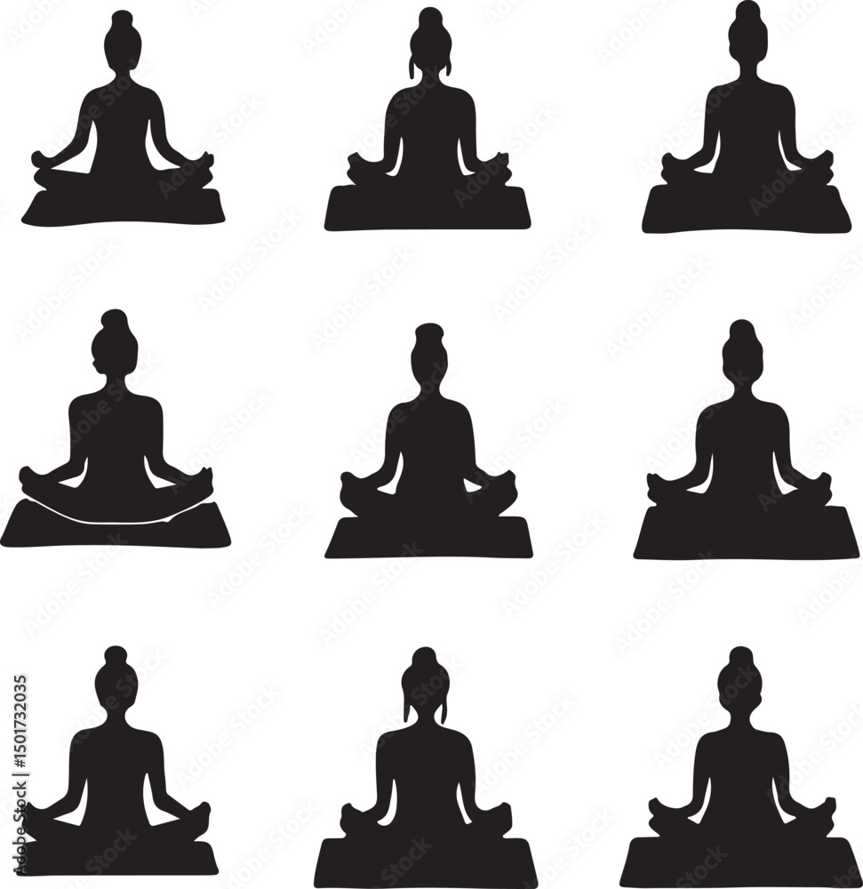 Buddha Silhouette Vector Art: Meditation Poses, Zen Buddhism Illustration, Spiritual Icon Set, Yoga & Mindfulness Graphics, Black and White Design Buddha Silhouette Vector Art: Meditation Poses, Zen Buddhism Illustration, Spiritual Icon Set, Yoga & Mindfulness Graphics, Black and White Design