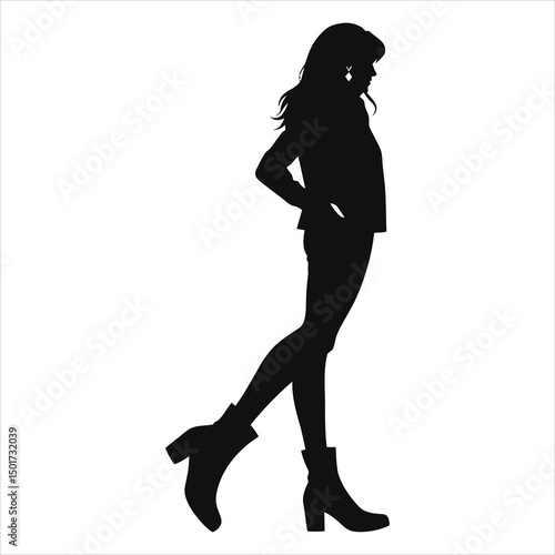 ( Ankle boots Chelsea boots)Stylish woman in profile vector silhouette, walking confidently./A bold, simple silhouette of a woman walking, conveying a sense of confident movement.