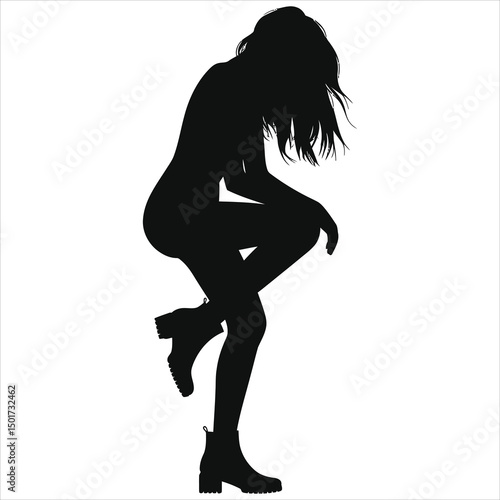 (Ankle boots Chelsea boots)Melancholy Vector Silhouette of a Woman in Stylish Boots/A striking silhouette of a woman in a thoughtful pose, squatting with her head bowed.