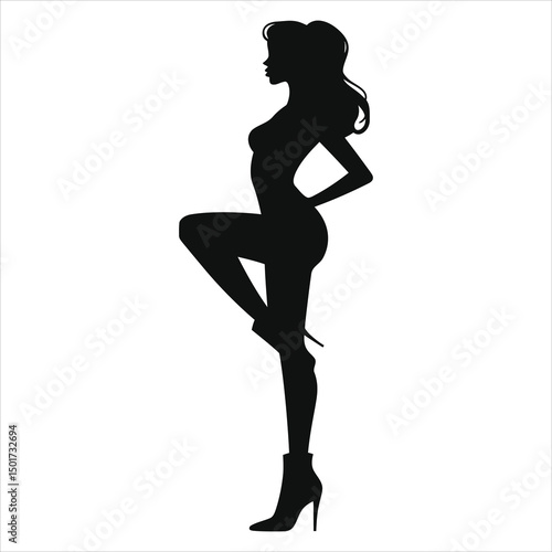 ( Ankle boots Chelsea boots)Vector Silhouette of a Woman in High Heels/A stylish, black silhouette of a woman in profile view, posing in high heels against a plain white background.