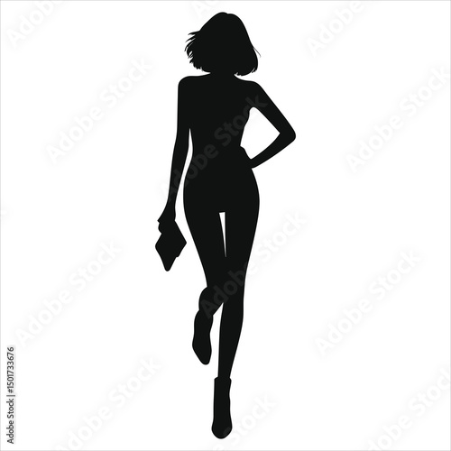 (Ankle boots Chelsea boots)Vector Silhouette of a Woman with a Handbag/A confident, stylish female silhouette stands against a plain background.