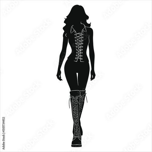 ( Combat boots lace-up boots )Vector Silhouette of a Woman in a Corset and High Boots/A sophisticated silhouette of a woman in a laced corset and high boots.