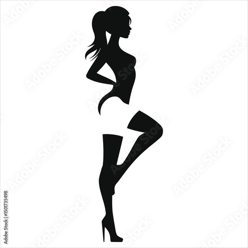 (Knee-high thigh-high boots)Vector silhouette of a woman in high heels, perfect for fashion design or lifestyle./A sophisticated black silhouette of a woman in profile view, showcasing a high-heeled s