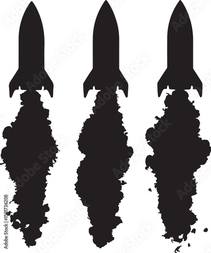 Rocket Launch Silhouette Vector Art: Three Black Rocket Ships Igniting and Ascending with Dense Smoke Trails - Space Exploration Graphic