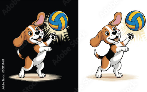 Playful Beagle Dog in Blue and Yellow Volleyball