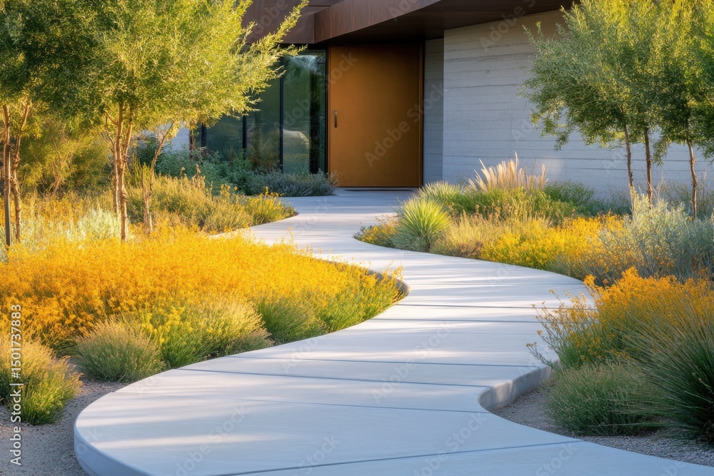 Fototapeta premium Curving pathway surrounded by vibrant flowers in a modern garden setting at midday with lush greenery and clean architectural lines