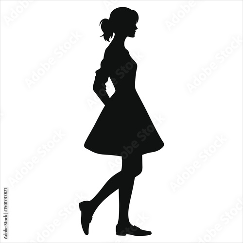 (Loafers ballet flats)Stylish Woman in a Dress Vector Silhouette/A sophisticated silhouette of a woman walking, wearing a stylish dress.