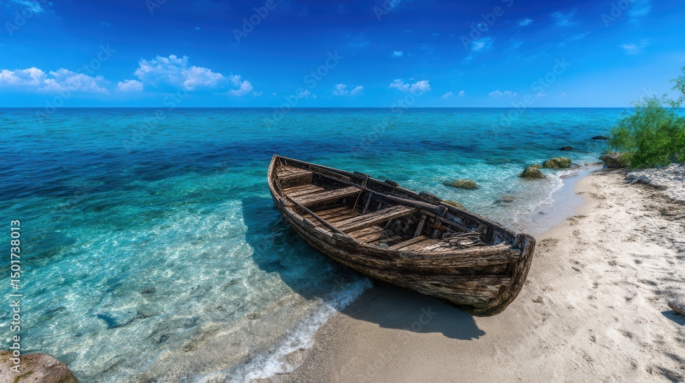 Obraz premium Sun-drenched beach with weathered wooden boat. Tranquil sea, sandy shore, and bright sky