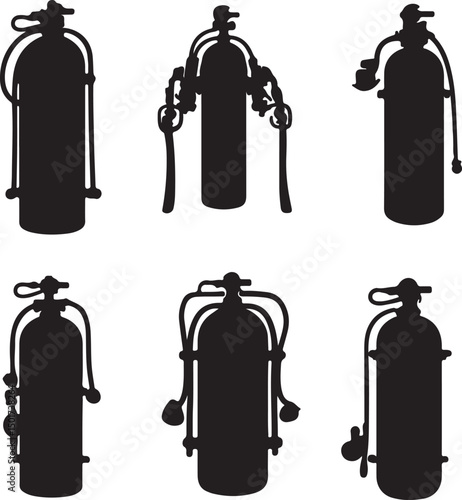 Silhouette Vector Illustration of Scuba Diving Tanks: Underwater Adventure Gear, Oxygen Cylinders for Deep Sea Exploration & Diving Equipment