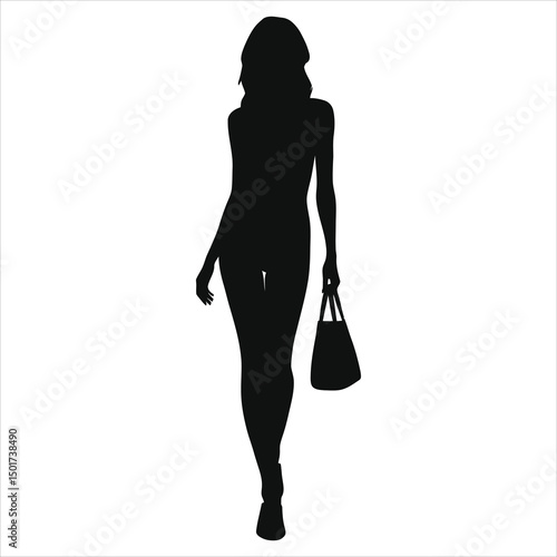  (Mules slip-ons) Vector Silhouette of Stylish woman in mules slip-ons, art vector style./A simple, elegant silhouette of a woman walking, carrying a handbag.