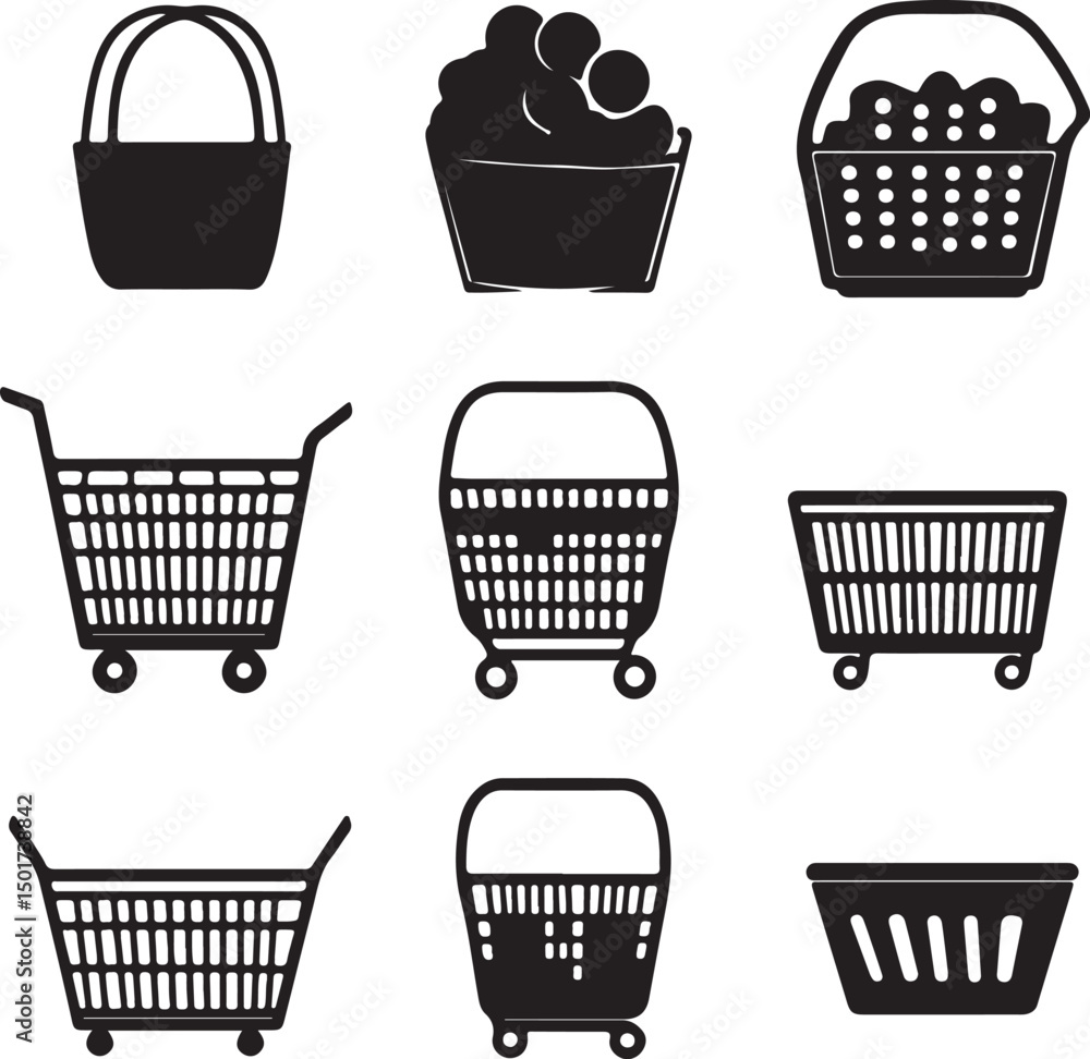 Black and White Vector Illustration of Shopping Baskets and Carts: Groceries, Retail, Supermarket, Market, Commerce, Clip Art, Graphic Design Black and White Vector Illustration of Shopping Baskets and Carts: Groceries, Retail, Supermarket, Market, Commerce, Clip Art, Graphic Design