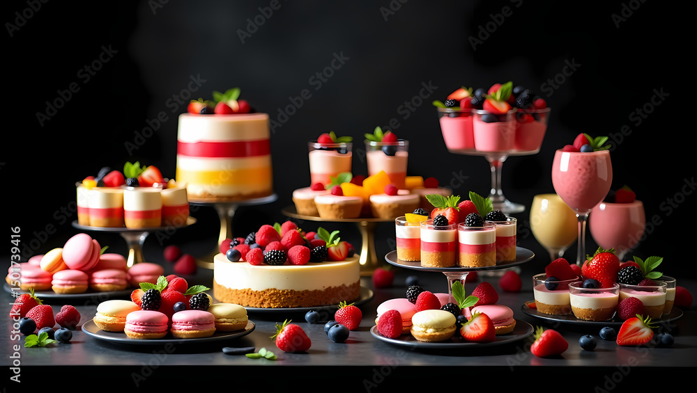 Fototapeta premium A Decadent Symphony of Sweet Delights An Artful Arrangement of Exquisite Desserts Bursting with Color, Flavor, and Elegant Presentation