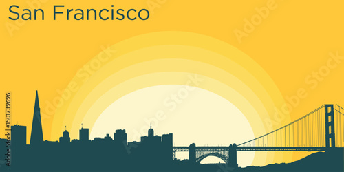 silhouette of the San Francisco skyline against the backdrop of the Big Yellow Sunset. The setting sun creates a gradient from bright yellow to orange.