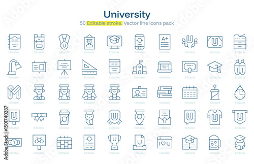 University line icon pack. University Stroke icon set. Editable Stroke icon