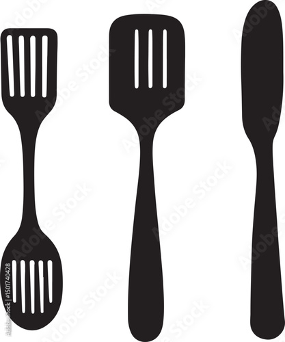 Black Silhouette Illustration of Kitchen Utensils: Slotted Spatula, Turner, and Butter Knife for Cooking and Food Preparation Graphics