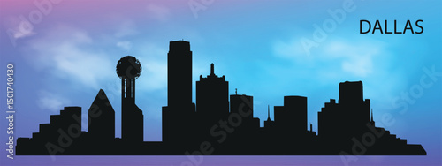  a silhouette of the Dallas, Texas skyline with a characteristic panorama of skyscrapers against a blue sky with clouds.