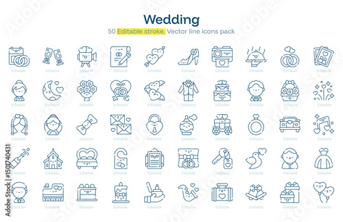 Wedding line icon pack. Wedding Stroke icon set. Editable Stroke icon