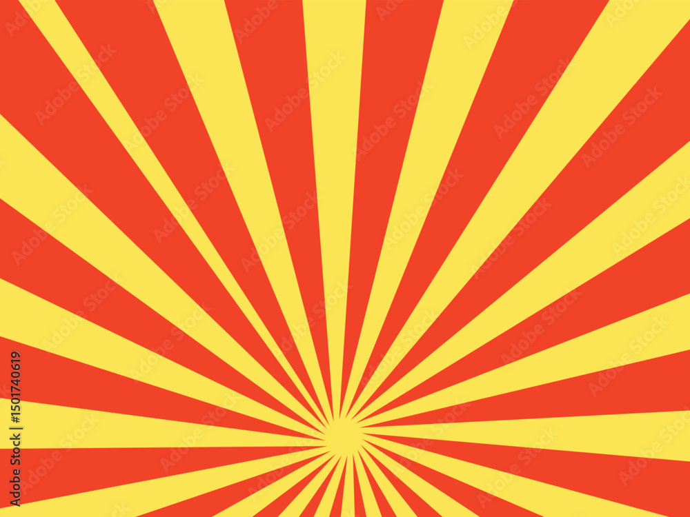 Obraz premium Yellow and red banner with Sun rays, yellow comic background. Sunburst background