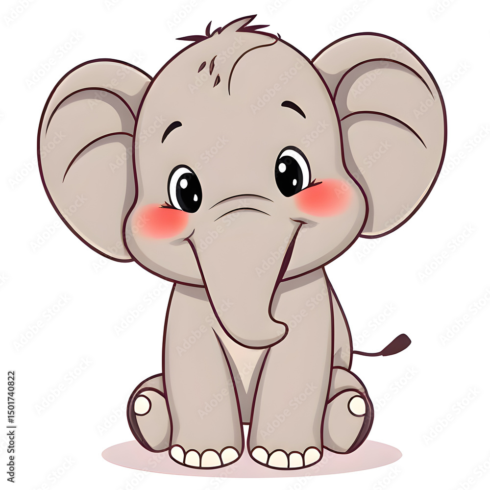 Fototapeta premium Adorable Baby Elephant Cartoon Illustration – Cute Sitting Animal with Blush Cheeks Isolated on White Background for Nursery and Kids Design