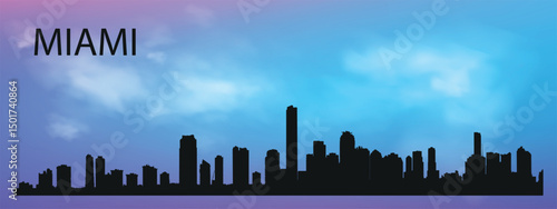 a silhouette of the Miami, Florida skyline with a characteristic panorama of skyscrapers against a blue sky with clouds.