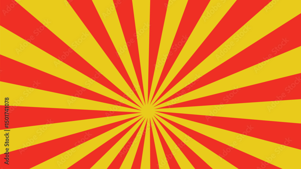 Obraz premium Yellow and red banner with Sun rays, yellow comic background. Sunburst background