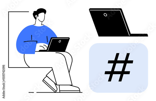 Person sitting with laptop, additional laptop icon, and metadata tag symbol. Ideal for technology, social media, communication, digital marketing, remote work, online learning simple landing page
