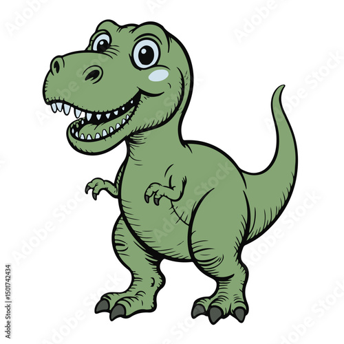 A cute cartoon tyrannosaurus rex dinosaur vector illustration shows a happy green dino character, a funny reptile like a monster drawing