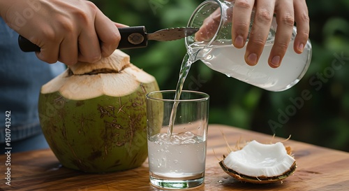 Pouring Coconut Water Into Glass with Fresh Fruit
