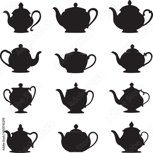 Silhouette Teapot Collection: Vintage Tea Kettle Vector Art, Black and White Teapot Clipart, Antique Teaware Graphics, Tea Party Design Elements