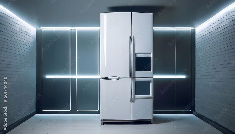 Modern White Refrigerator in a Sleek Minimalist Kitchen Design with Neon Lighting Modern White Refrigerator in a Sleek Minimalist Kitchen Design with Neon Lighting