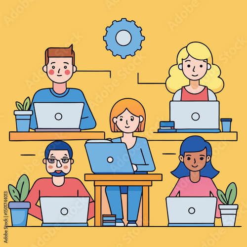Diverse team working collaboratively on laptops with gear icon for productivity