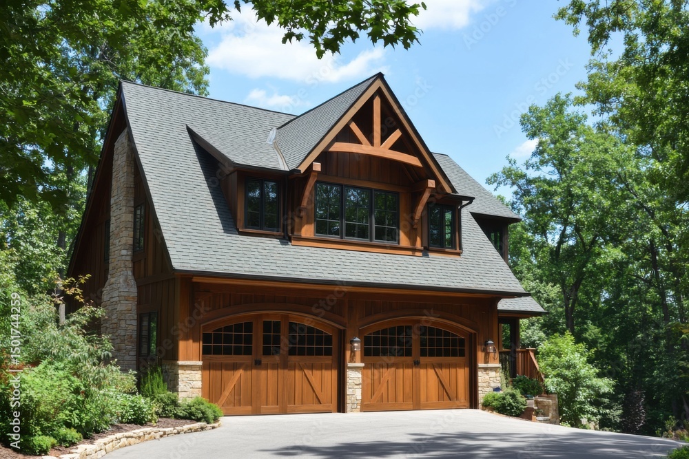 Beautiful wooden house with a stone facade surrounded by lush greenery in a tranquil setting on a sunny day in a residential area Beautiful wooden house with a stone facade surrounded by lush greenery in a tranquil setting on a sunny day in a residential area