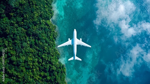 Sustainable aviation fuel concept of flight running on biofuel green energy, An aerial view of an airplane flying over green forest, the environmental impact and sustainability in the travel industry