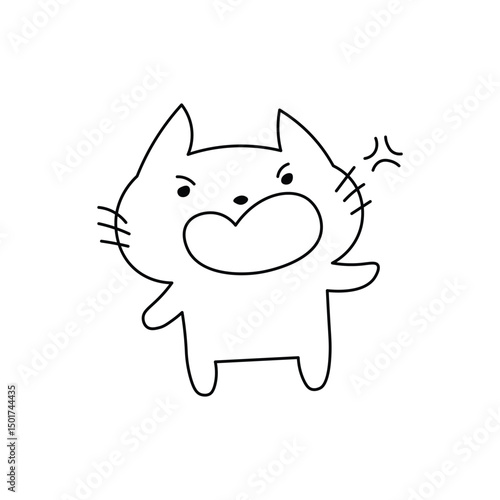 Angry cartoon cat with raised paw, puffed cheeks and annoyed expression, black and white outline art. Fun and positive design perfect for coloring, stickers, emoji sets, or playful graphics