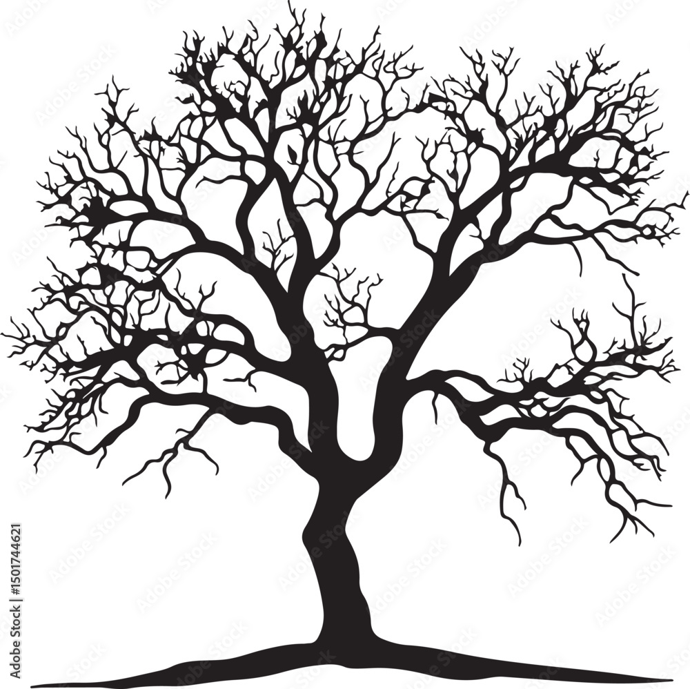 Obraz premium Bare Tree Silhouette Vector Illustration: Black and White Graphic of a Leafless Tree in Winter, Nature Art for Design Projects