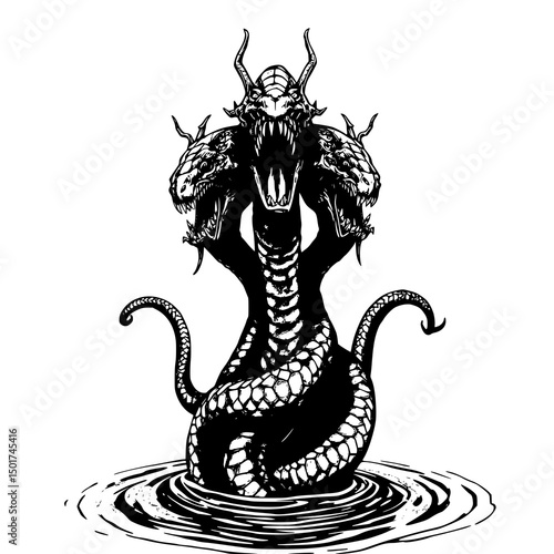 Hydra's Fury: A menacing monochrome illustration depicts a three-headed serpent emerging from dark water, its scales and fangs rendered in stark detail.