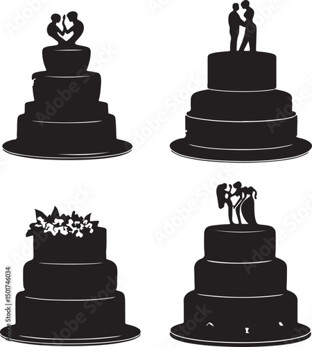 Silhouette Wedding Cakes: Elegant Black & White Vector Illustration of Tiered Cakes with Bride & Groom Toppers for Wedding Designs