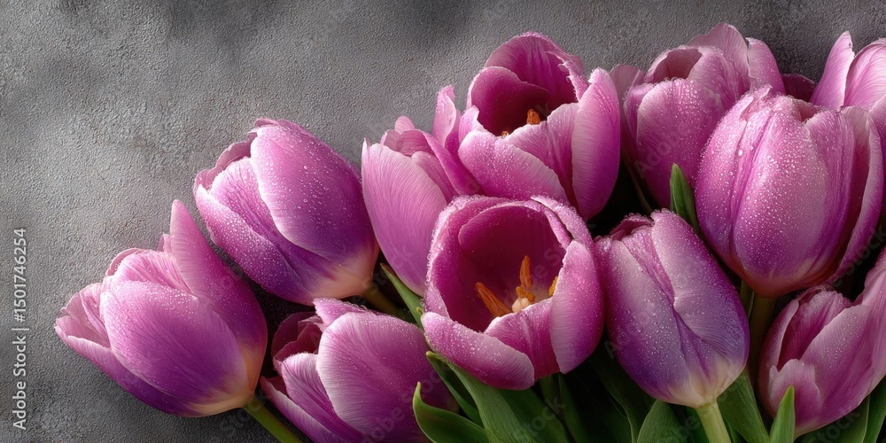 Obraz premium Pink Tulips on Gray Abstract Background - Spring Floral Flat Lay
