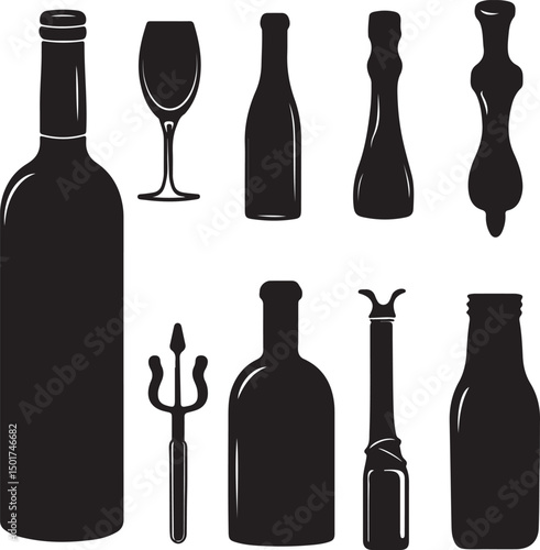Black and White Silhouette Vector Illustration of Various Wine Bottles, Glassware, and Decorative Vessels for Graphic Design Projects