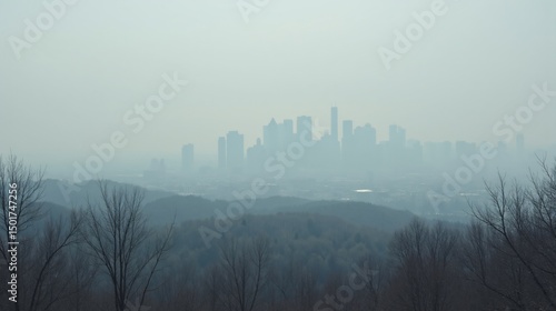 Cityscape Covered in Smog with Dying Trees in the Foreground